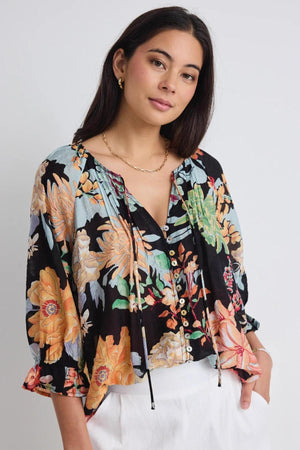 Antic Tropical Black Button Front Blouse