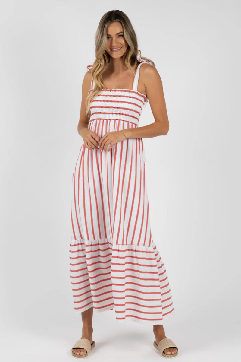 Santos Shirred Dress - Pink Stripe